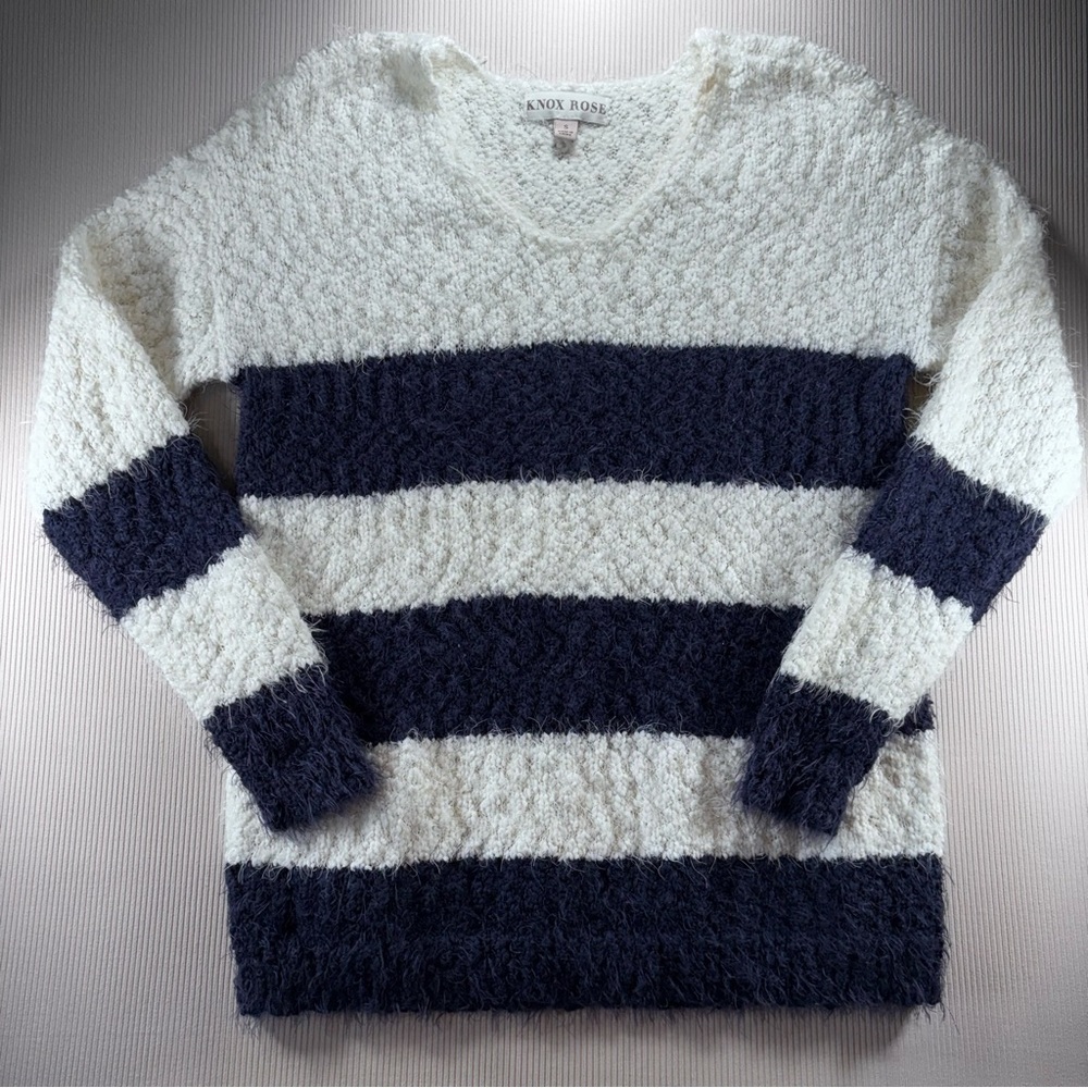Knox Rose‎ Textured Knit Wide stripe White/Navy Sweater